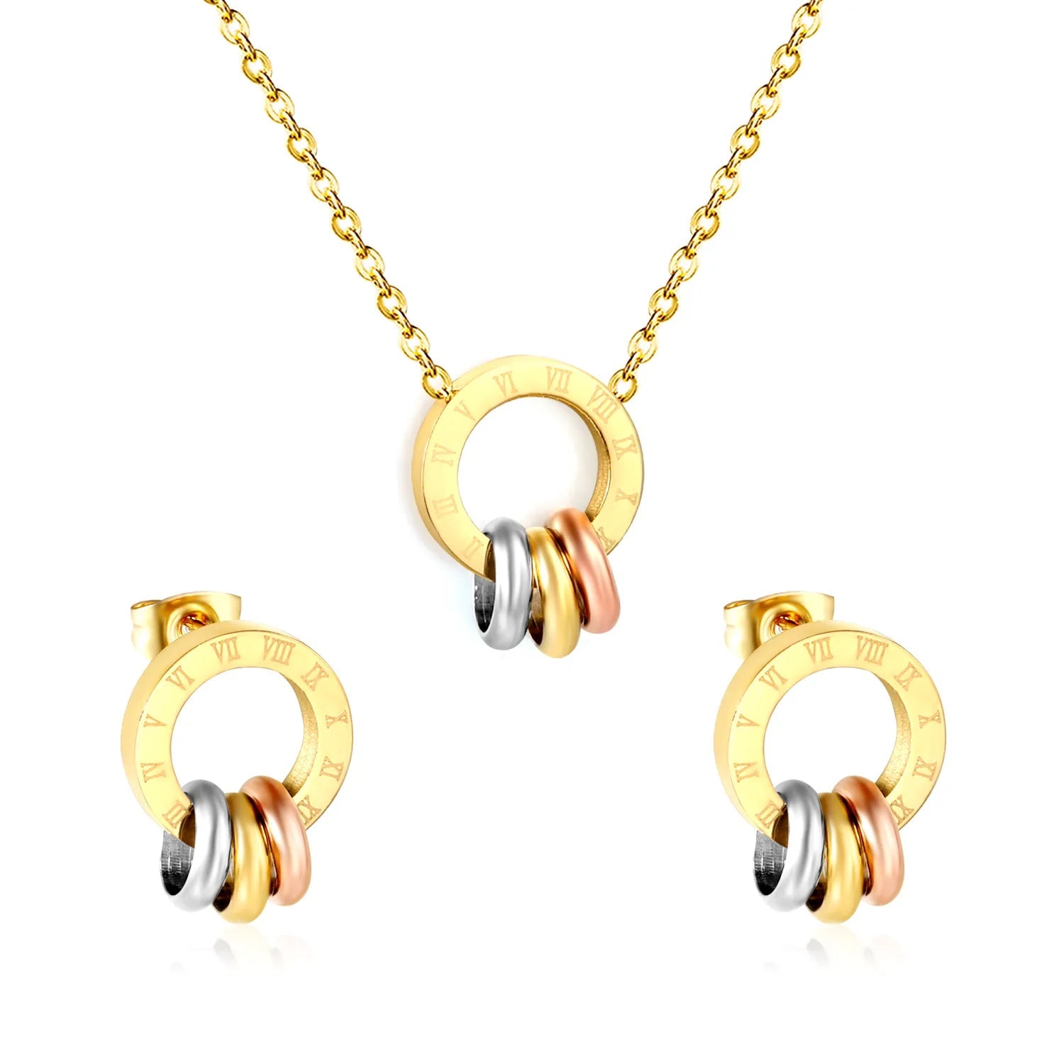 Roman numeral hollowed-out three-color ring set, gold color, earrings, pendant: 12*12mm, 0.35 cross chain, 40+5cm+6mm round tail tag asonjewelry